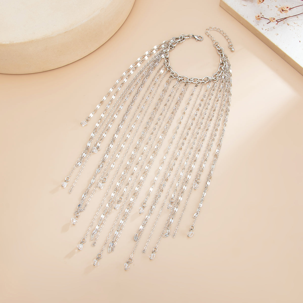Acrylic and Silvertone Tassel Bracelet, dainty minimalist design, detail close-up