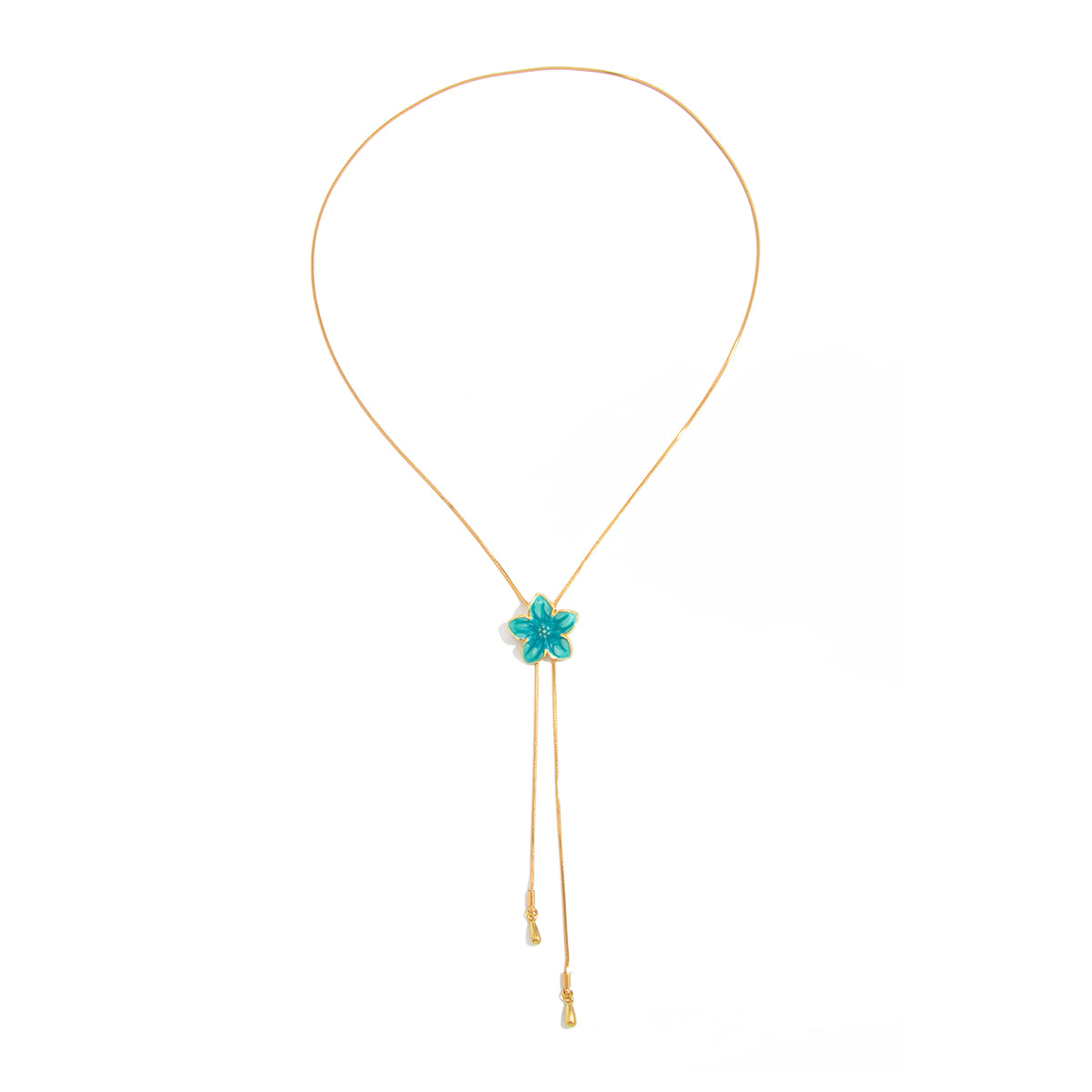 Blue Enamel and Goldtone Flower Tassel Pendant Necklace, everyday style, front view