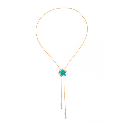 Blue Enamel and Goldtone Flower Tassel Pendant Necklace, everyday style, front view