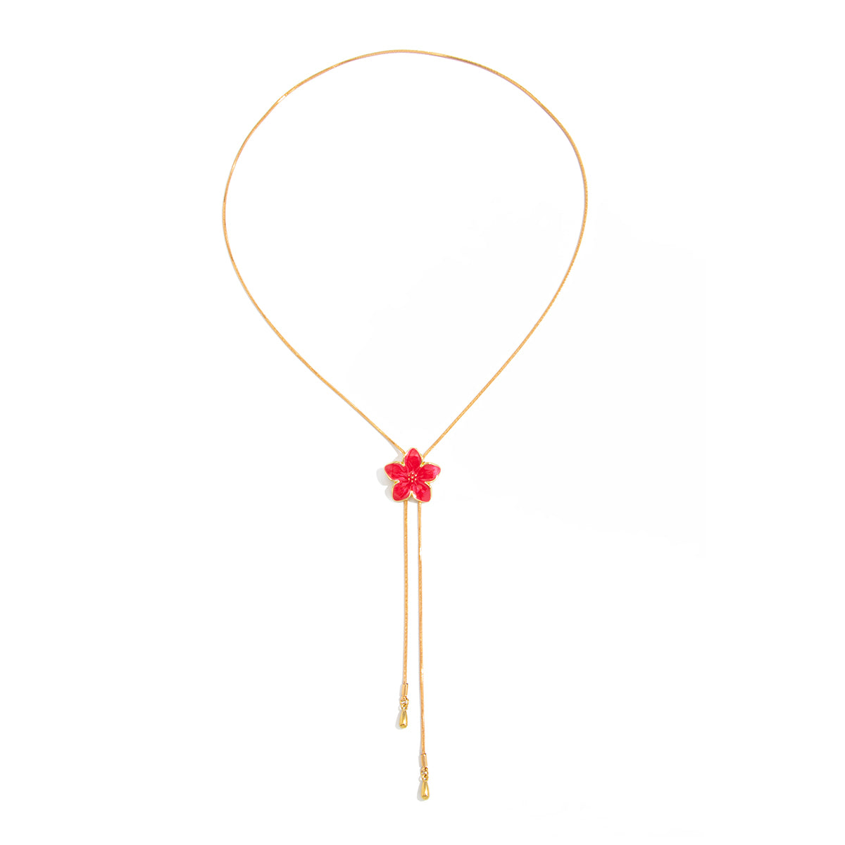 Red Enamel and Goldtone Flower Tassel Pendant Necklace, elegant gift for her, front view