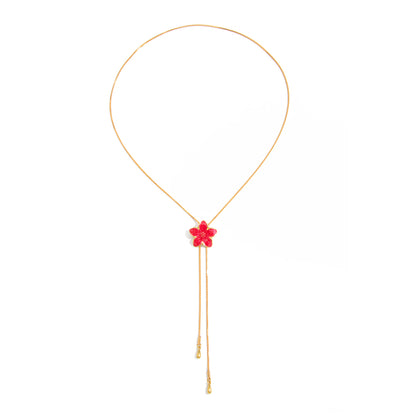 Red Enamel and Goldtone Flower Tassel Pendant Necklace, elegant gift for her, front view