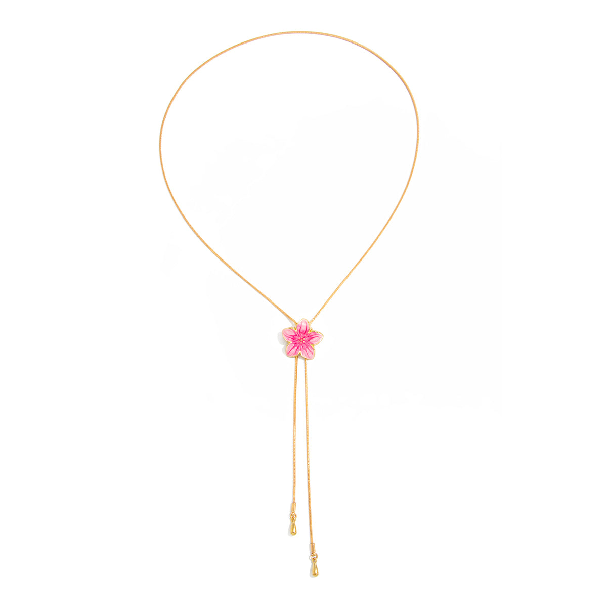 Pink Enamel and Goldtone Flower Tassel Pendant Necklace, vintage-inspired design, front view