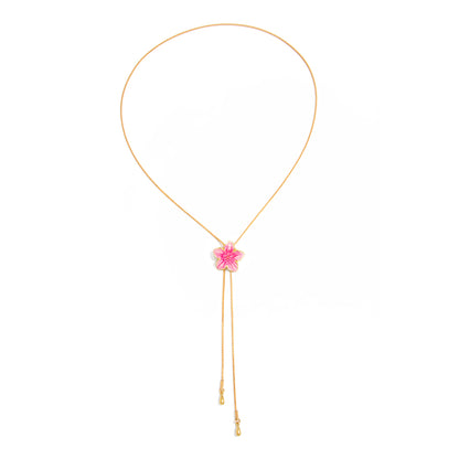 Pink Enamel and Goldtone Flower Tassel Pendant Necklace, vintage-inspired design, front view