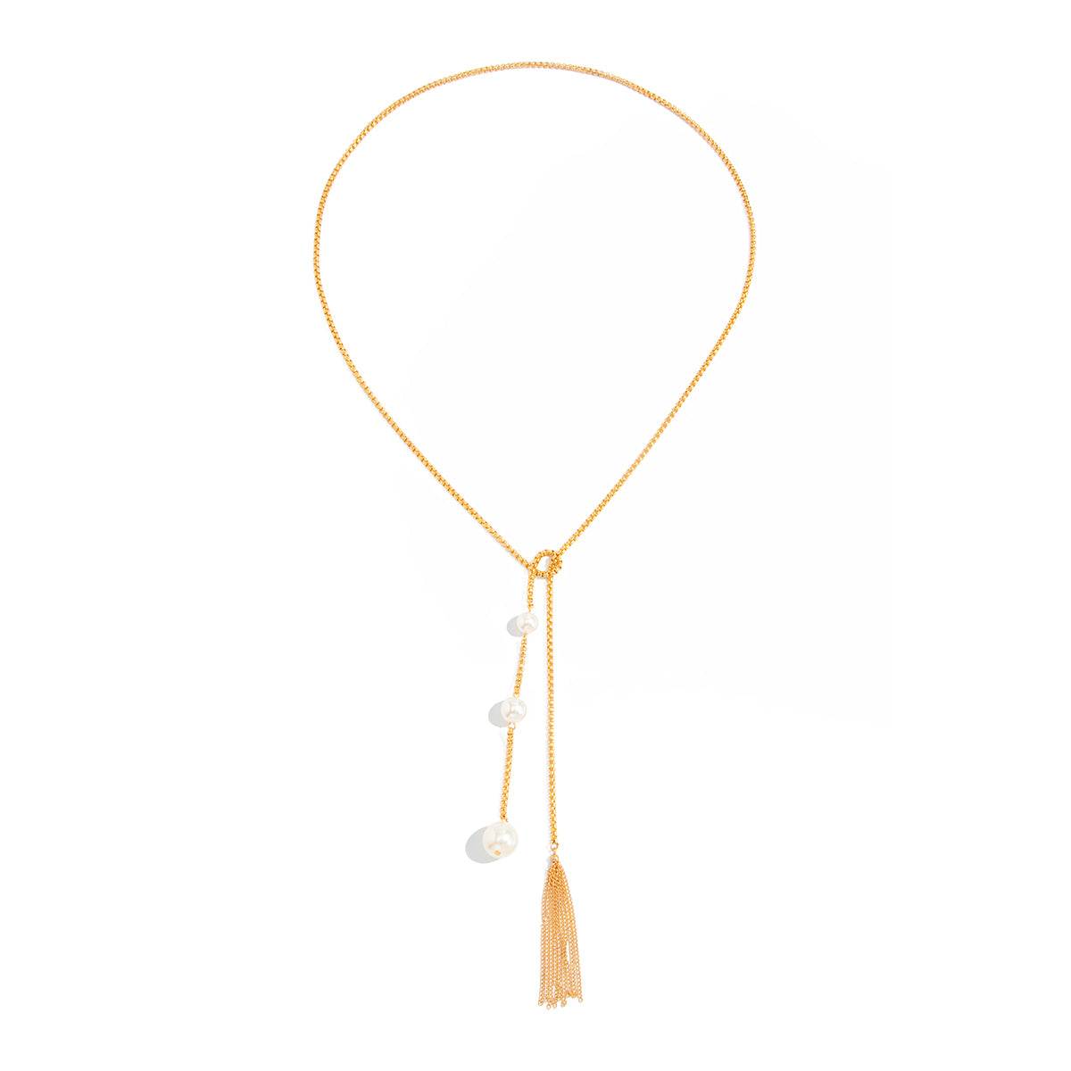 Pearl and Goldtone Tassel Knot Necklace, botanical inspired, front view