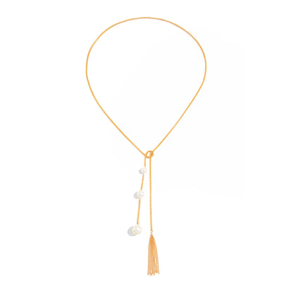 Pearl and Goldtone Tassel Knot Necklace, botanical inspired, front view