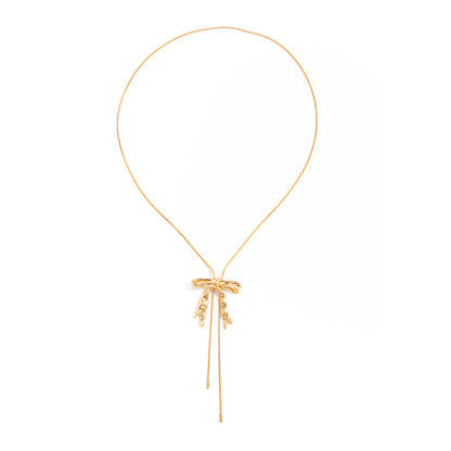 Goldtone Bow Tassel Pendant Necklace, vintage-inspired design, front view