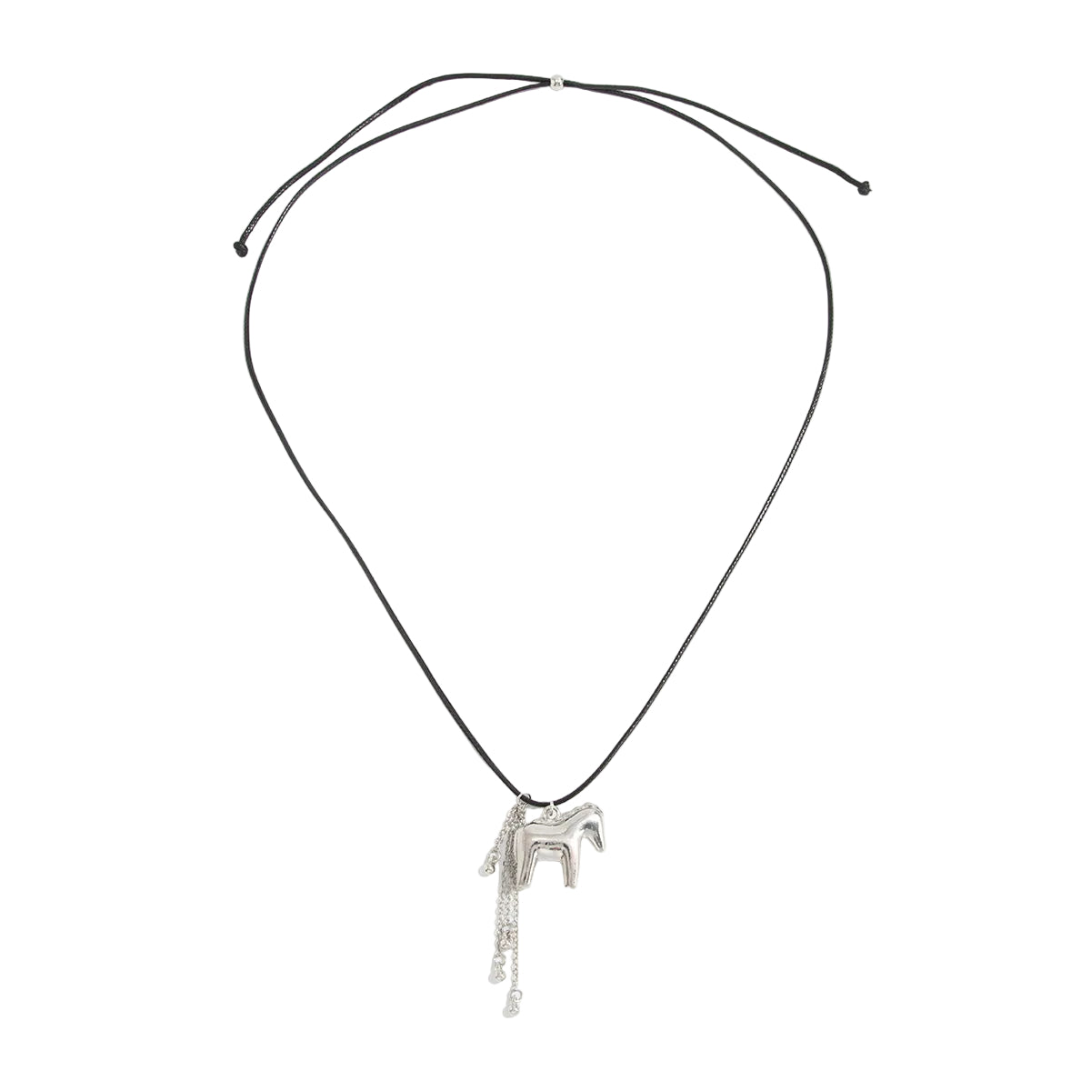 Black Polyster and Silvertone Horse Tassel Pendant Necklace, dainty minimalist design, front view
