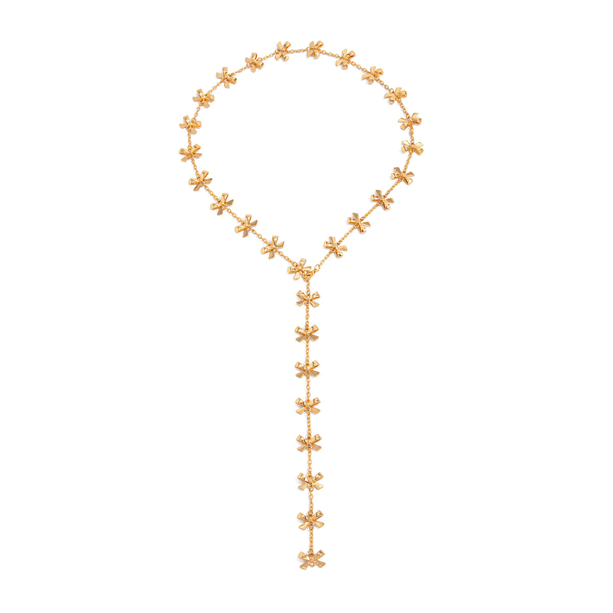 Goldtone Bow Station Lariat Necklace, botanical inspired, front view