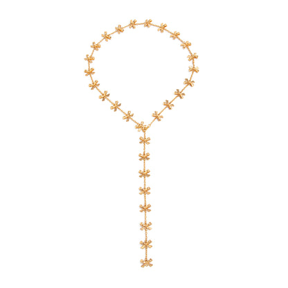 Goldtone Bow Station Lariat Necklace, botanical inspired, front view