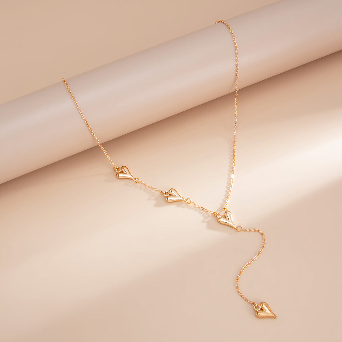 Goldtone Heart Drop Y-Necklace, elegant gift for her, side view