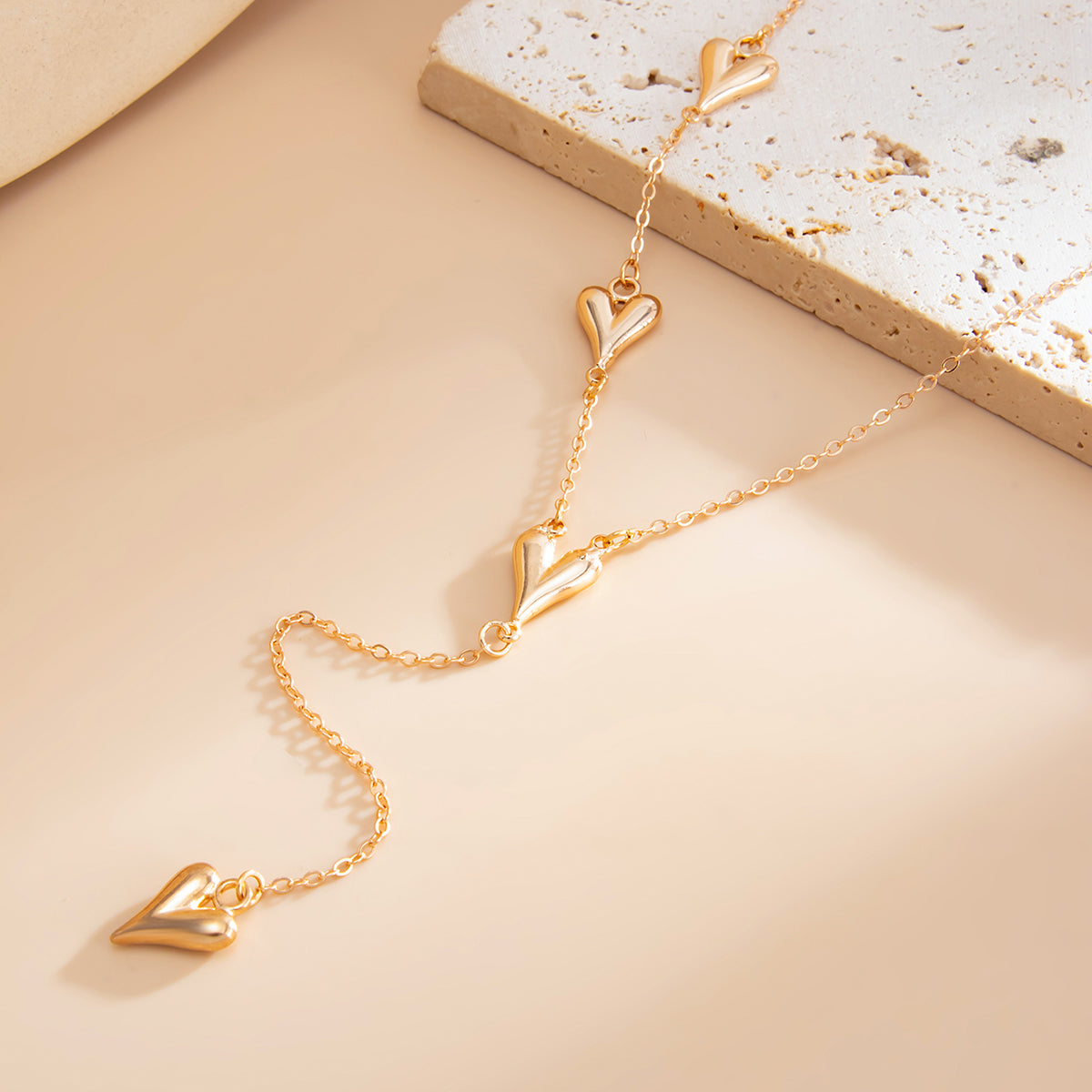 Goldtone Heart Drop Y-Necklace, elegant gift for her, detail close-up