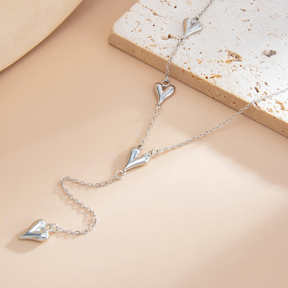 Silvertone Heart Drop Y-Necklace, everyday style, detail close-up