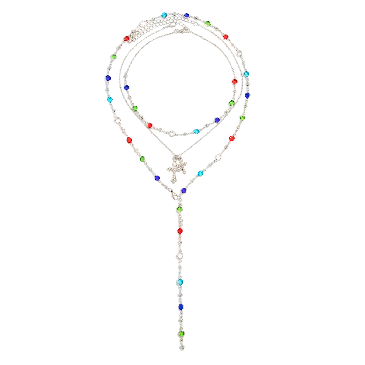 Multi-Colored Crystal and Silvertone Cross Pendant Lariat Necklace Set, silver pendant necklace for women, front view
