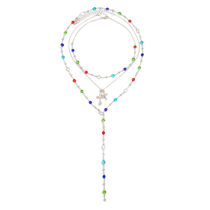 Multi-Colored Crystal and Silvertone Cross Pendant Lariat Necklace Set, silver pendant necklace for women, front view