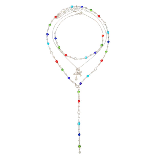 Multi-Colored Crystal and Silvertone Cross Pendant Lariat Necklace Set, silver pendant necklace for women, front view