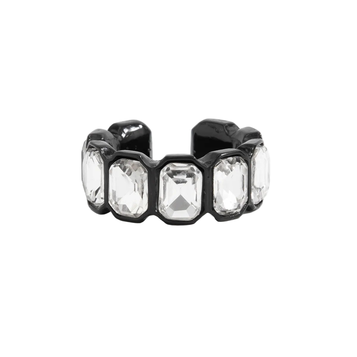 Crystal and Blacktone Rectangle Open Band Ring, dainty minimalist design, front view