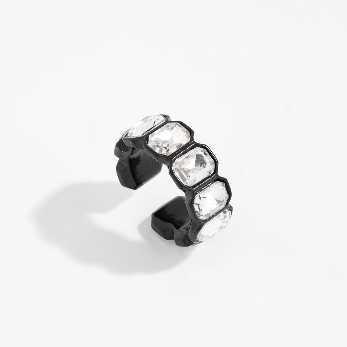 Crystal and Blacktone Rectangle Open Band Ring, dainty minimalist design, side view