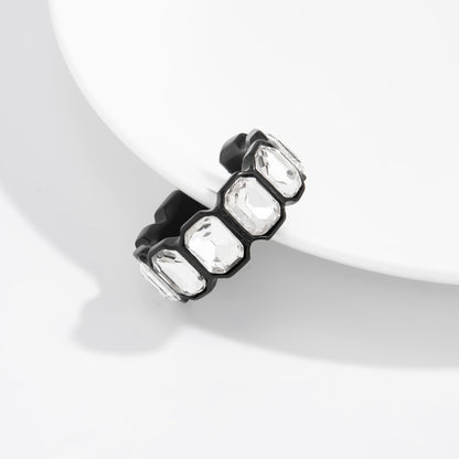 Crystal and Blacktone Rectangle Open Band Ring, dainty minimalist design, detail close-up