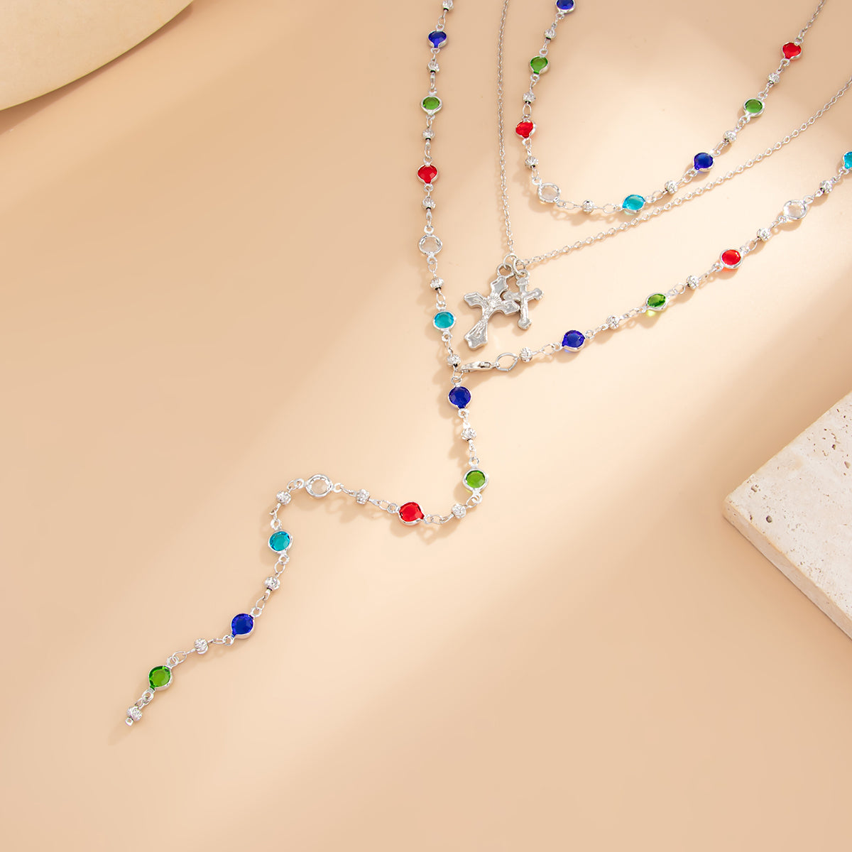 Multi-Colored Crystal and Silvertone Cross Pendant Lariat Necklace Set, silver pendant necklace for women, side view
