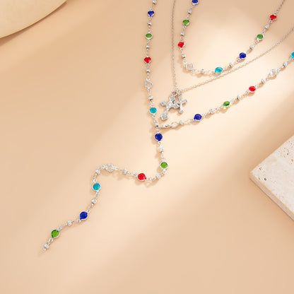 Multi-Colored Crystal and Silvertone Cross Pendant Lariat Necklace Set, silver pendant necklace for women, side view