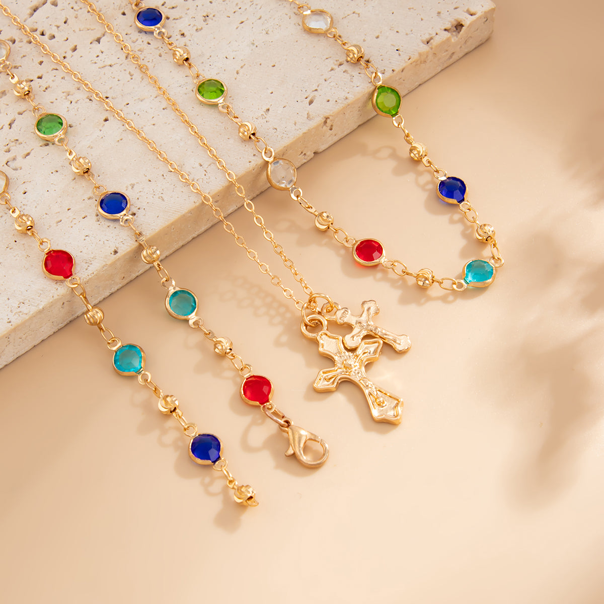 Multi-Colored Crystal and Goldtone Cross Pendant Lariat Necklace Set, gold pendant necklace for women, detail close-up