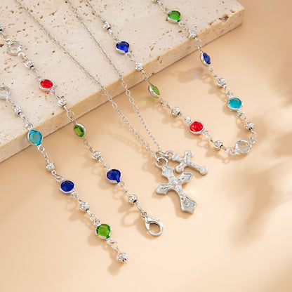 Multi-Colored Crystal and Silvertone Cross Pendant Lariat Necklace Set, silver pendant necklace for women, detail close-up