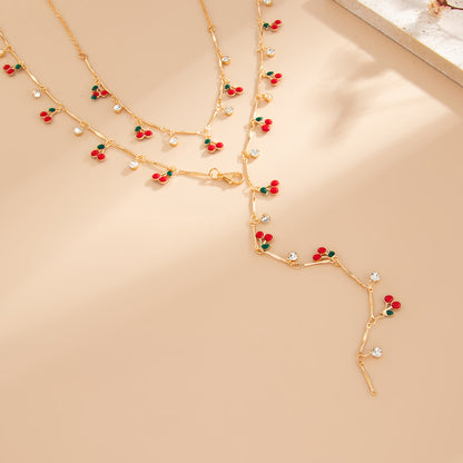 Red Enamel and Cubic Zirconia Goldtone Cherry Station Y-Necklace Set, gold pendant necklace for women, side view