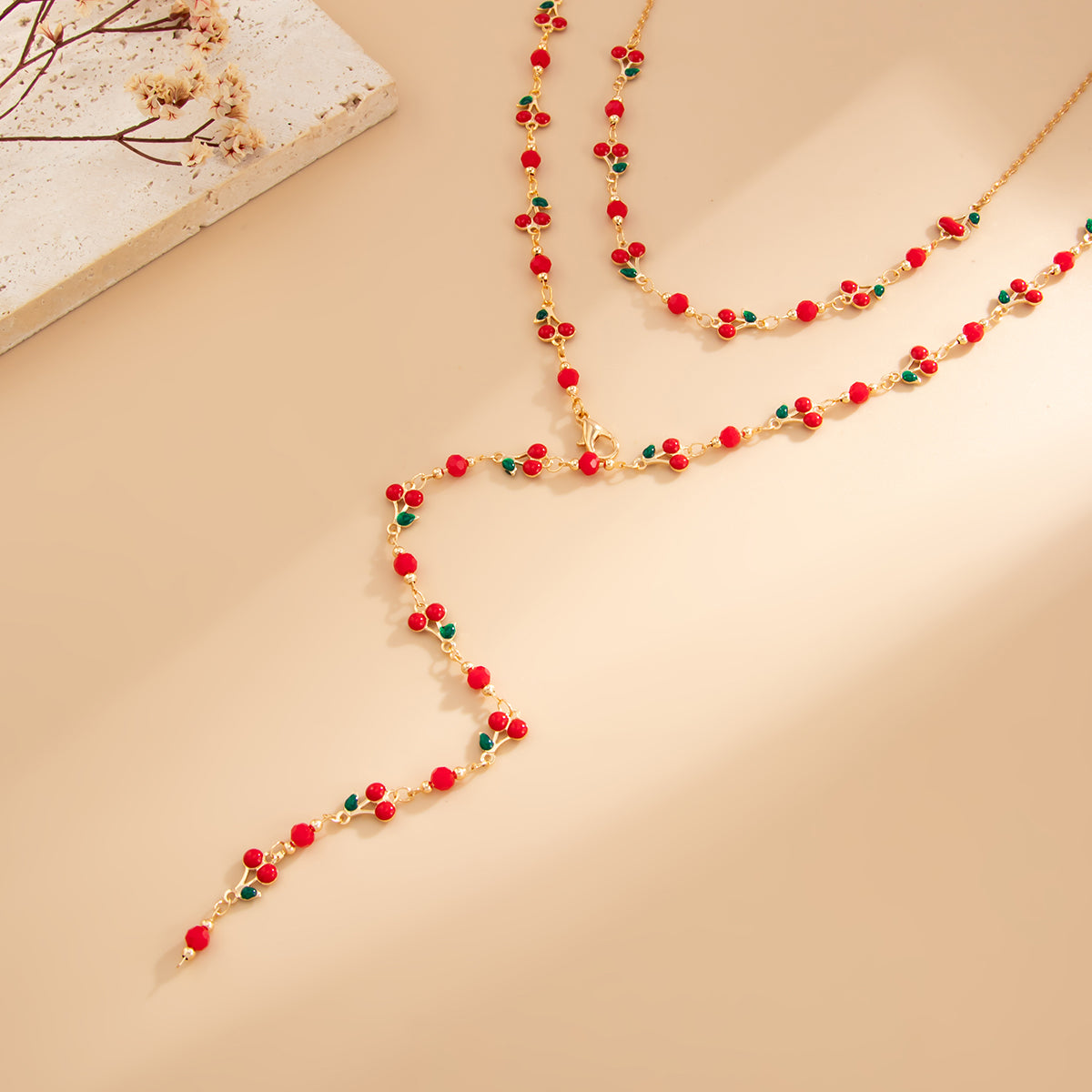 Red Enamel and Goldtone Cherry Station Y-Necklace Set, gold pendant necklace for women, botanical inspired, detail close-up