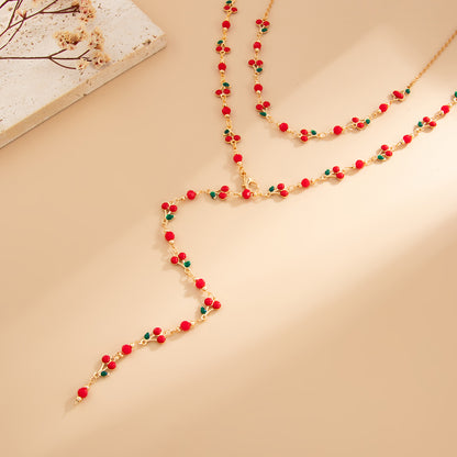 Red Enamel and Goldtone Cherry Station Y-Necklace Set, gold pendant necklace for women, botanical inspired, detail close-up