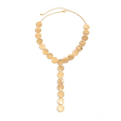 Goldtone Disc Statement Y-Necklace, botanical inspired, front view