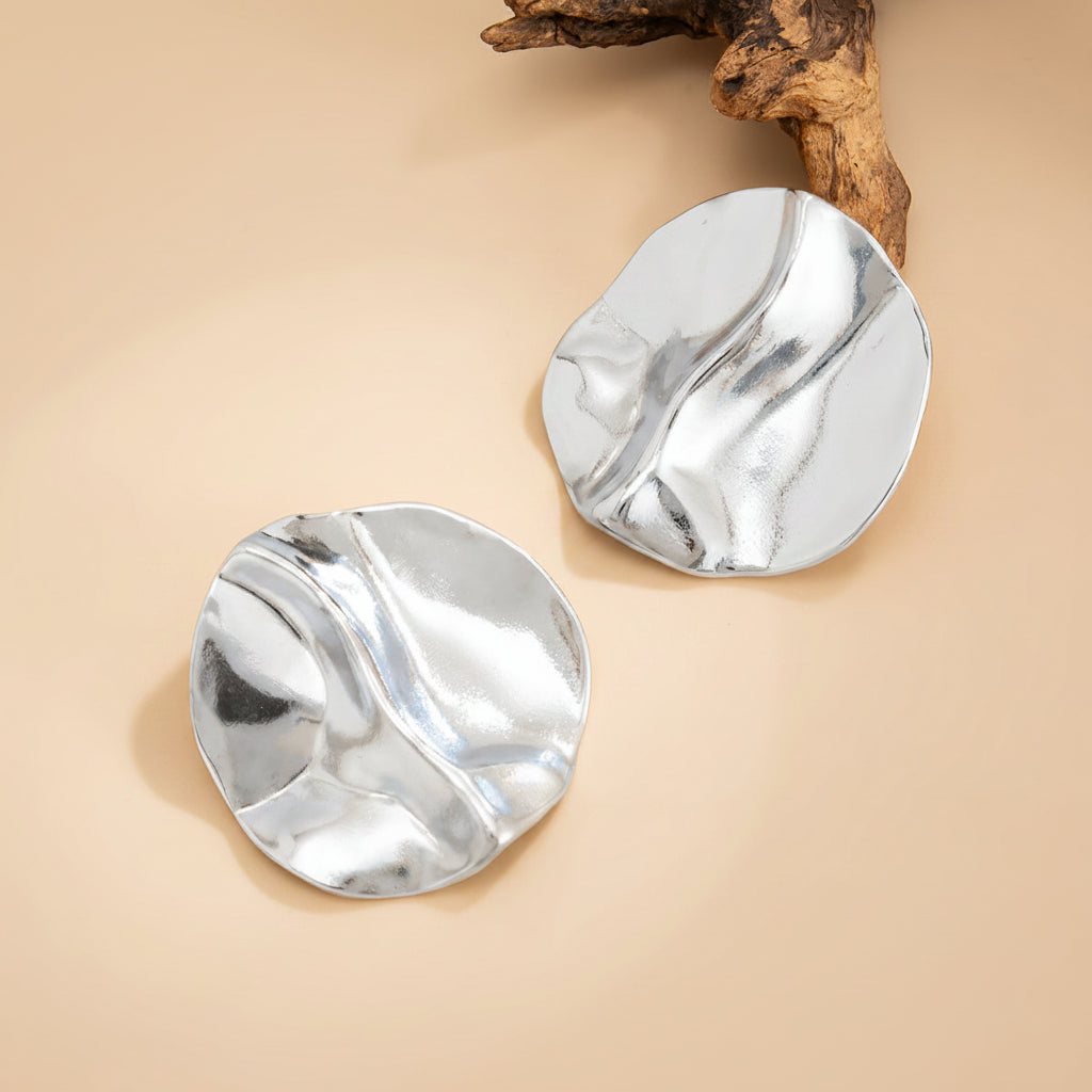 Silvertone Hammered Round Statement Earrings - Street Region