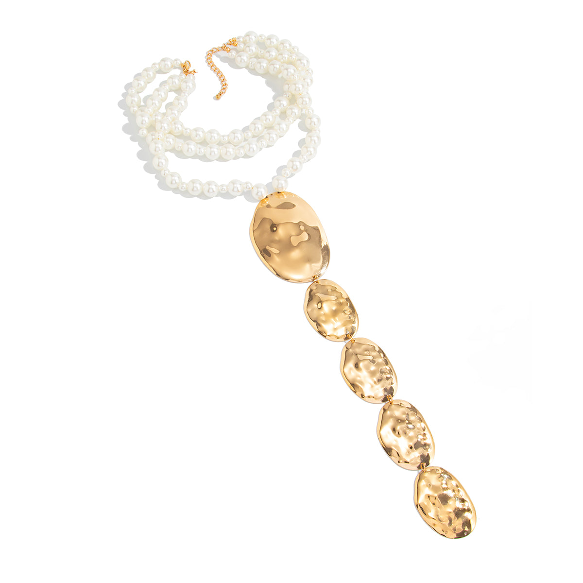 Pearl and Goldtone Oval Drop Statement Layered Necklace, everyday style, front view