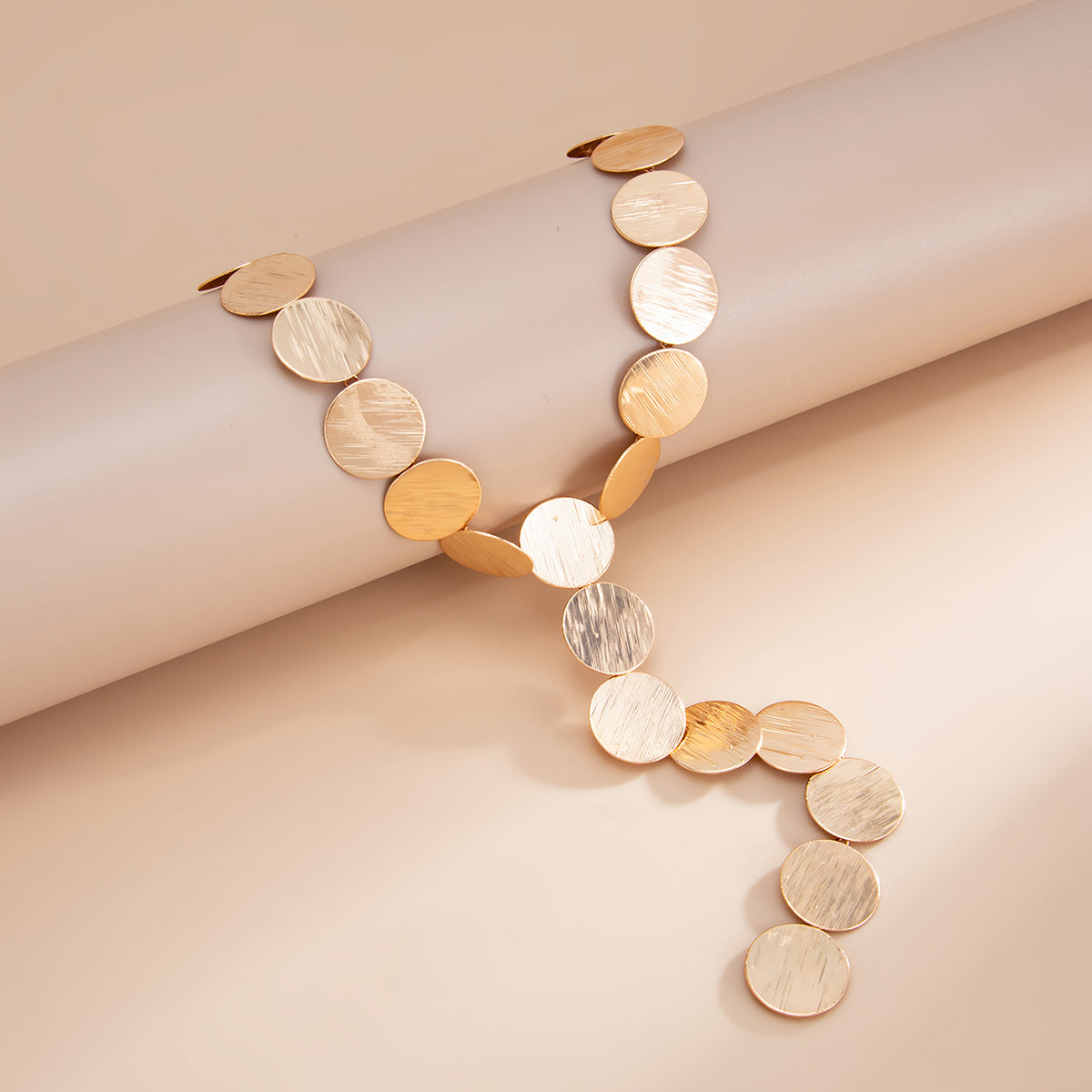 Goldtone Disc Statement Y-Necklace, botanical inspired, side view