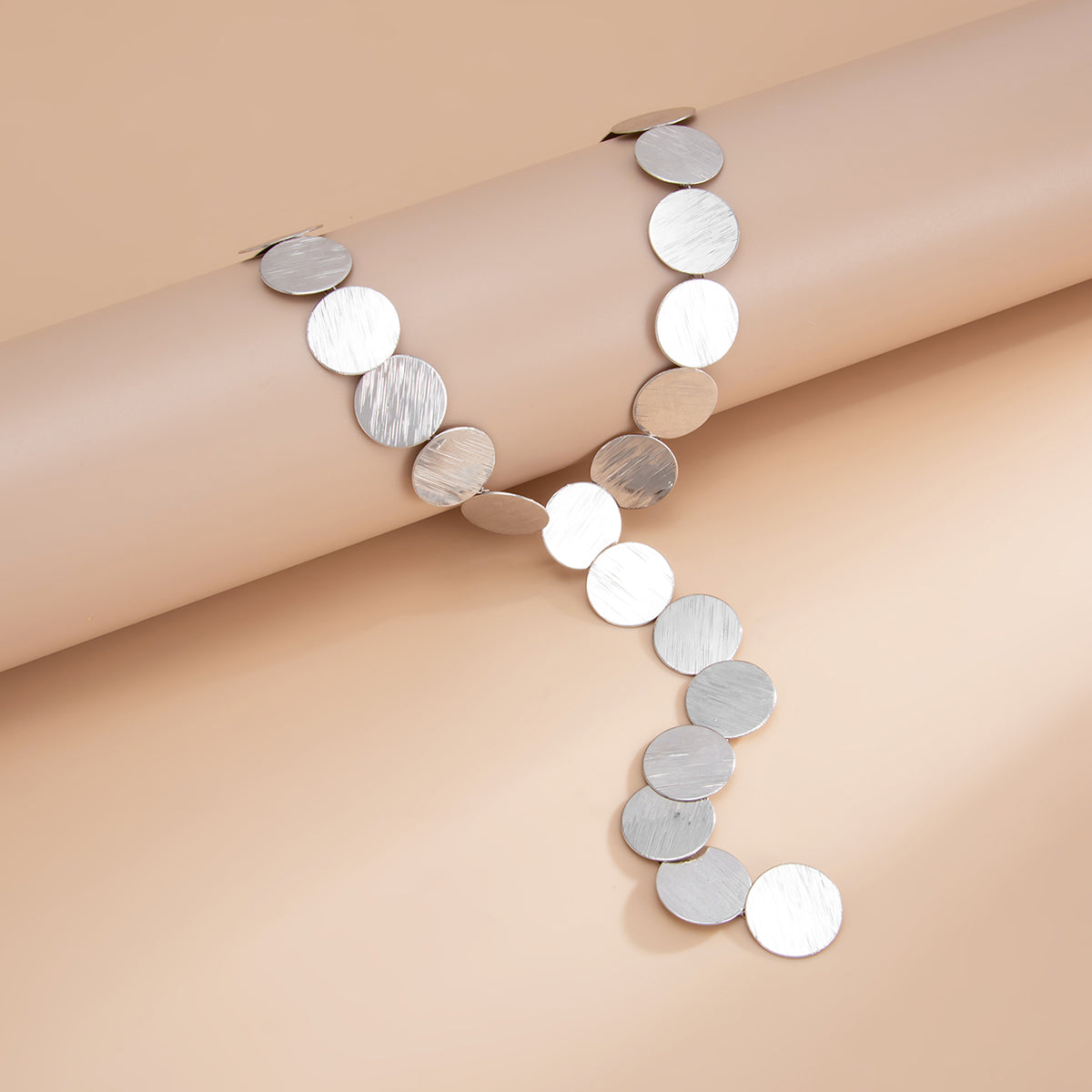 Silvertone Disc Statement Y-Necklace, dainty minimalist design, side view