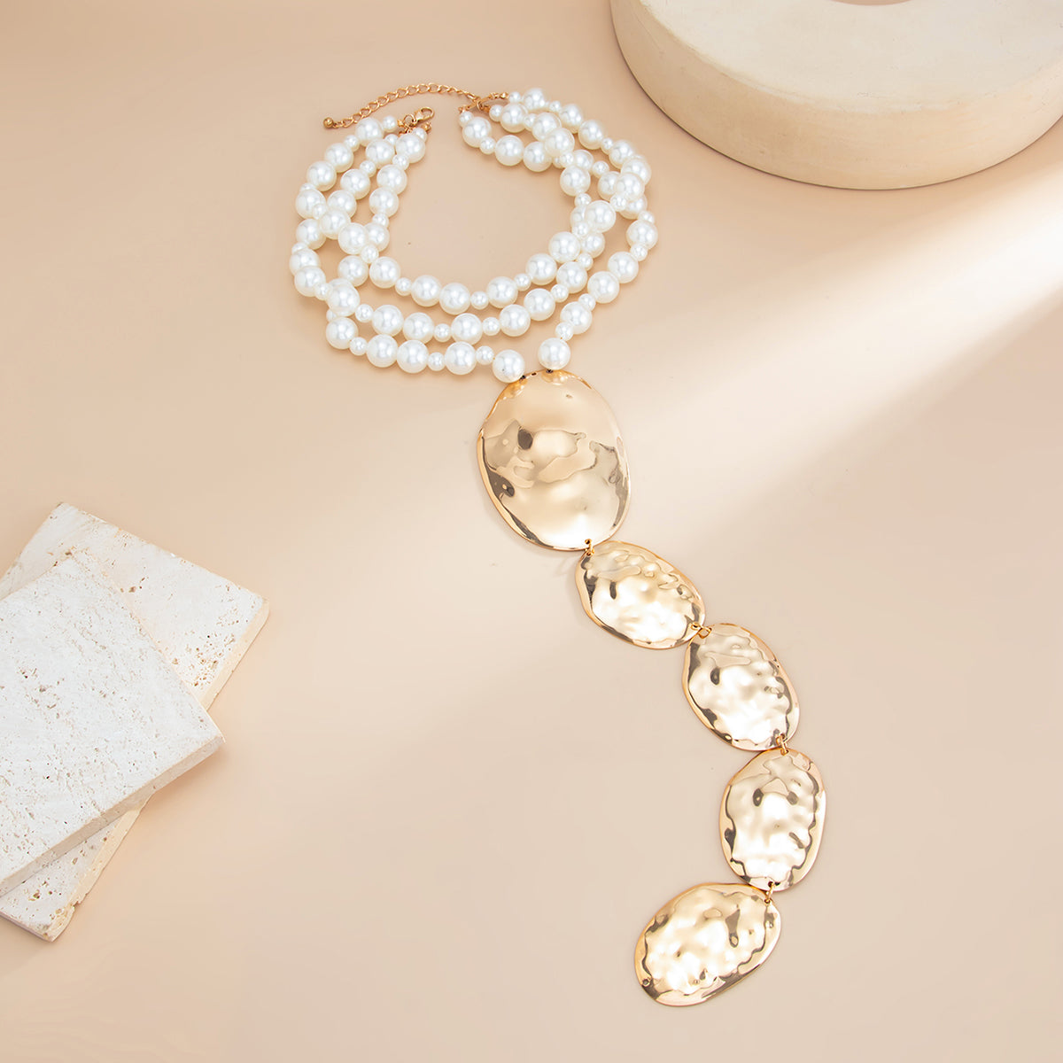 Pearl and Goldtone Oval Drop Statement Layered Necklace, everyday style, side view