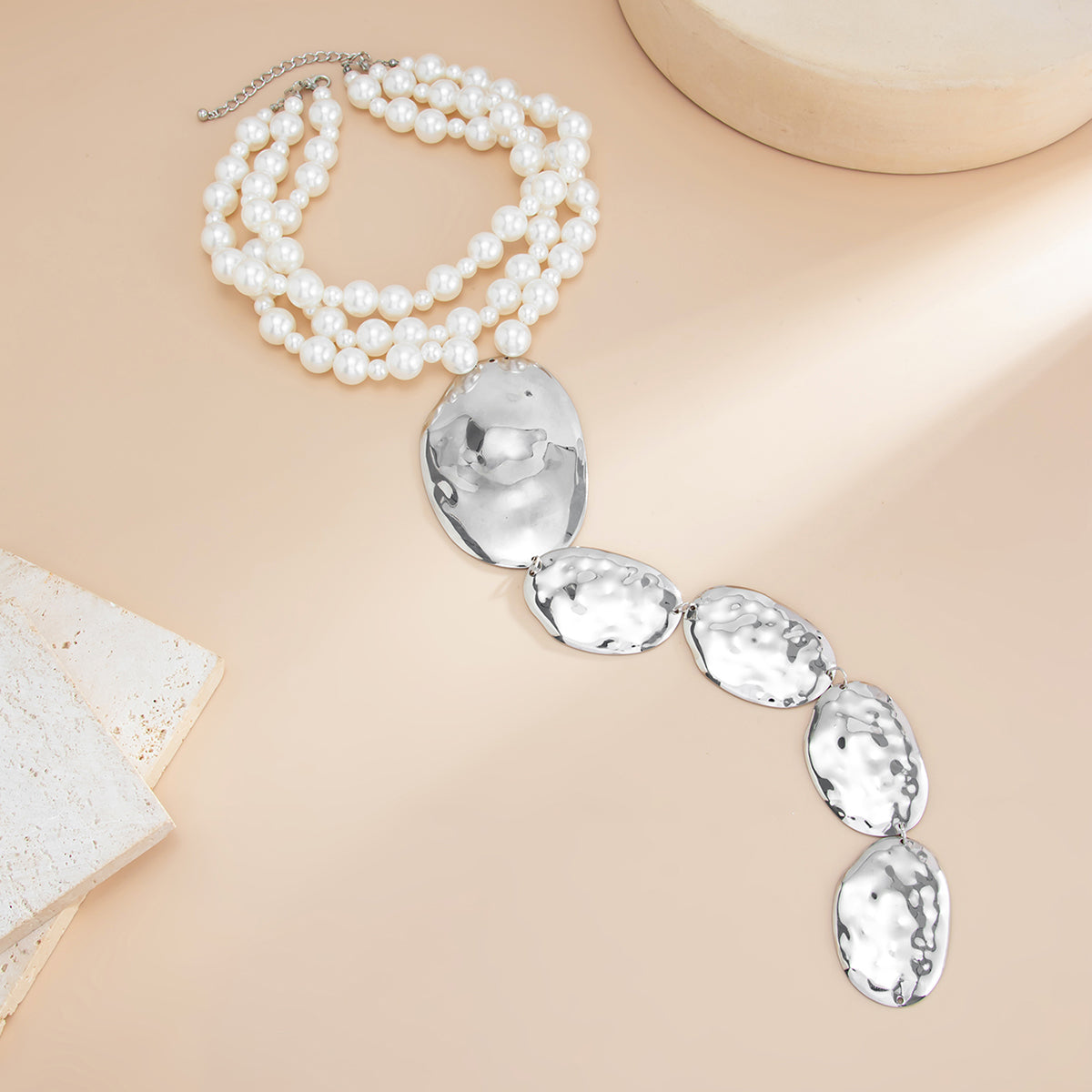 Pearl and Silvertone Oval Drop Statement Layered Necklace, elegant gift for her, side view
