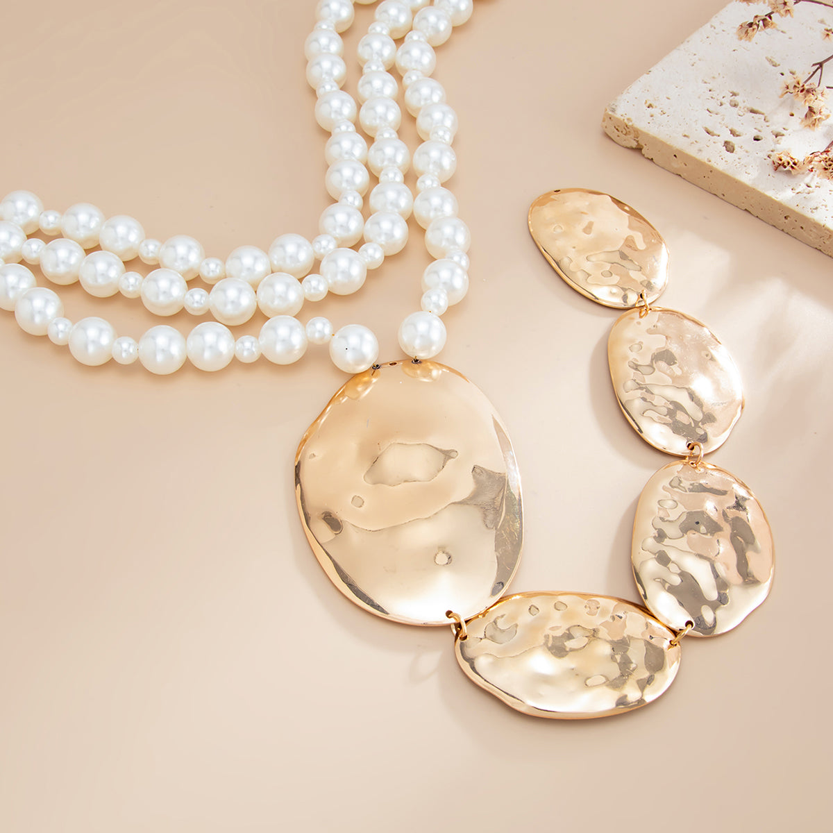 Pearl and Goldtone Oval Drop Statement Layered Necklace, everyday style, detail close-up
