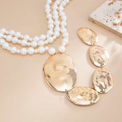 Pearl and Goldtone Oval Drop Statement Layered Necklace, everyday style, detail close-up