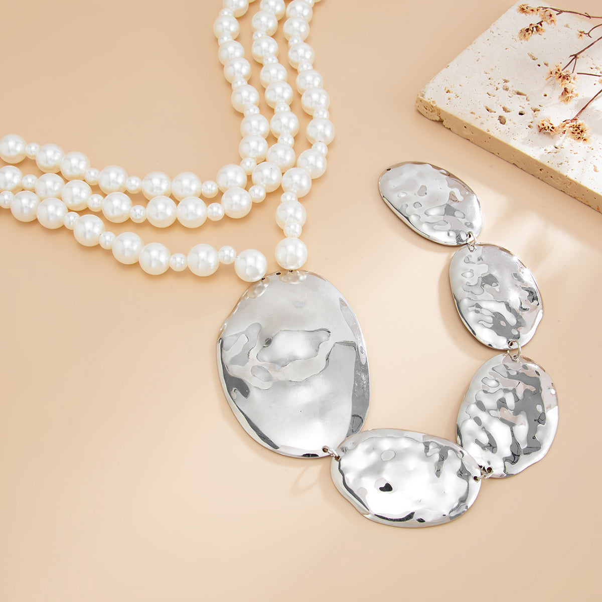 Pearl and Silvertone Oval Drop Statement Layered Necklace, elegant gift for her, detail close-up