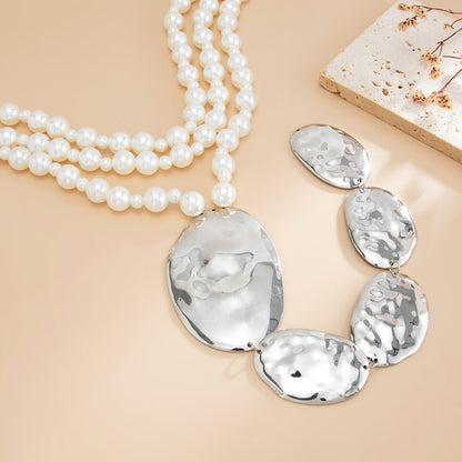 Pearl and Silvertone Oval Drop Statement Layered Necklace, elegant gift for her, detail close-up