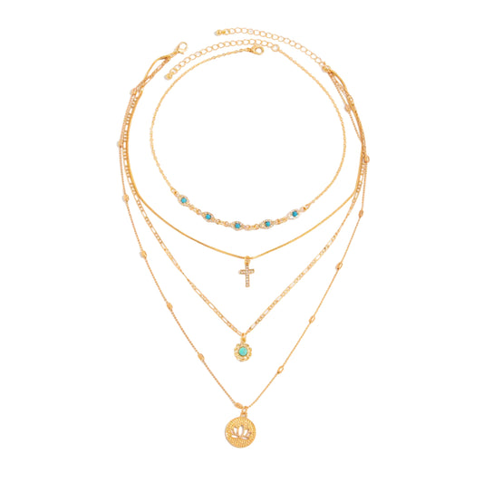 Turqouise and Cubic Zirconia Goldtone Cross Lotus Pendant Necklace Set, gold pendant necklace for women, front view