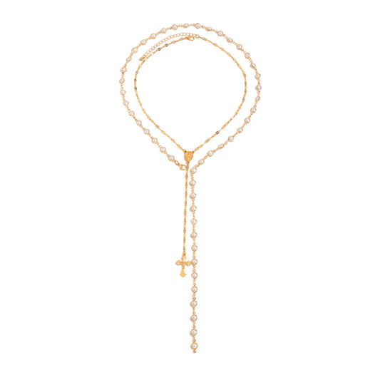 Pearl and Goldtone Marry Cross Lariat Necklace Set, gold pendant necklace for women, vintage-inspired design, front view