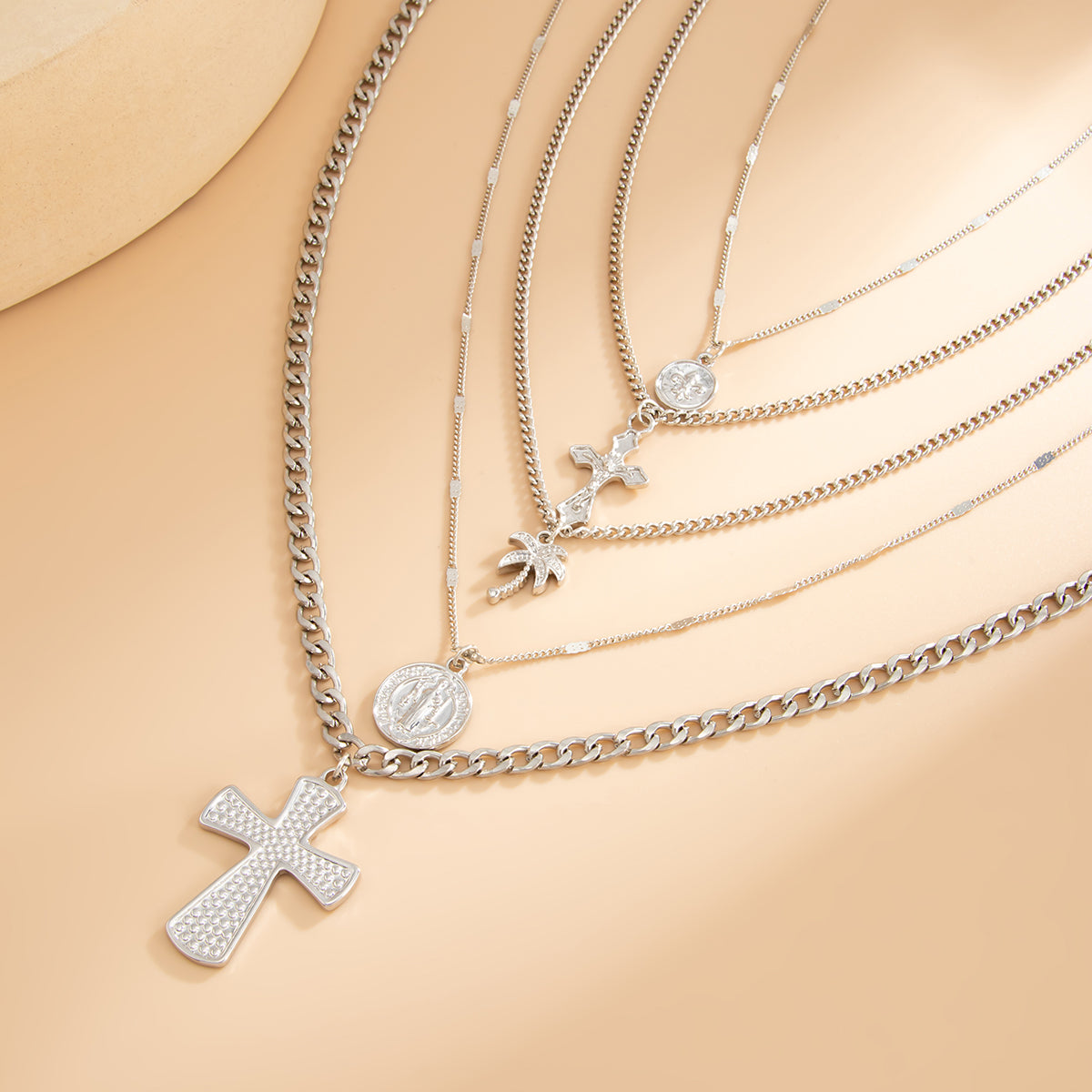 Silvertone Palm Tree and Cross Pendant Necklace Set, silver pendant necklace for women, everyday style, side view