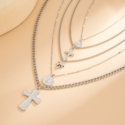 Silvertone Palm Tree and Cross Pendant Necklace Set, silver pendant necklace for women, everyday style, side view