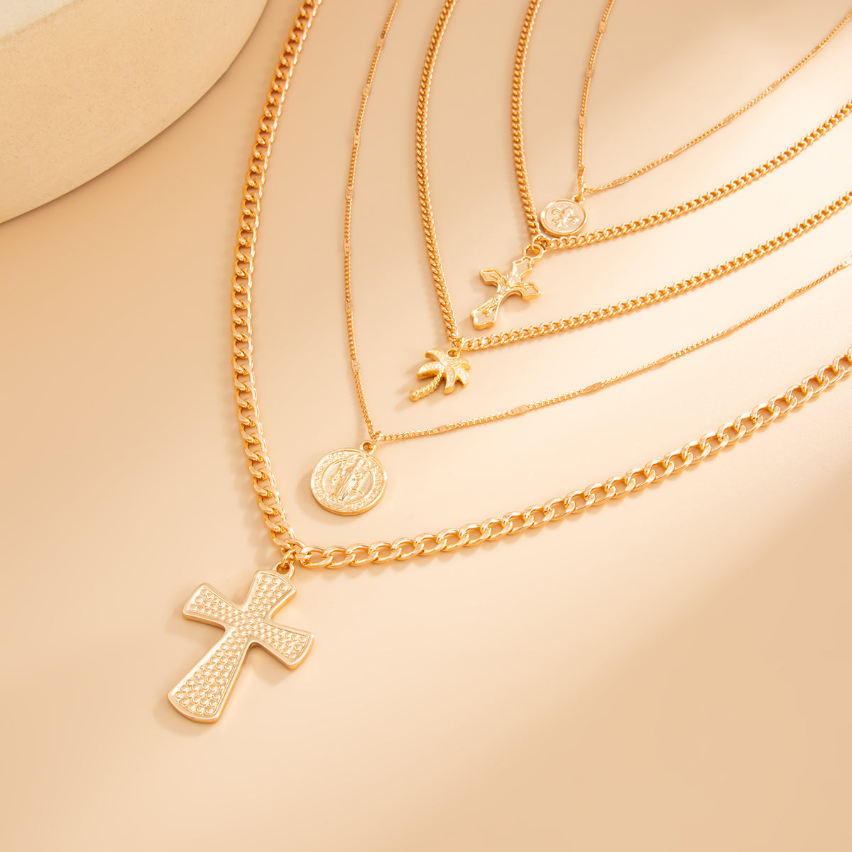 Goldtone Palm Tree and Cross Pendant Necklace Set, gold pendant necklace for women, elegant gift for her, side view