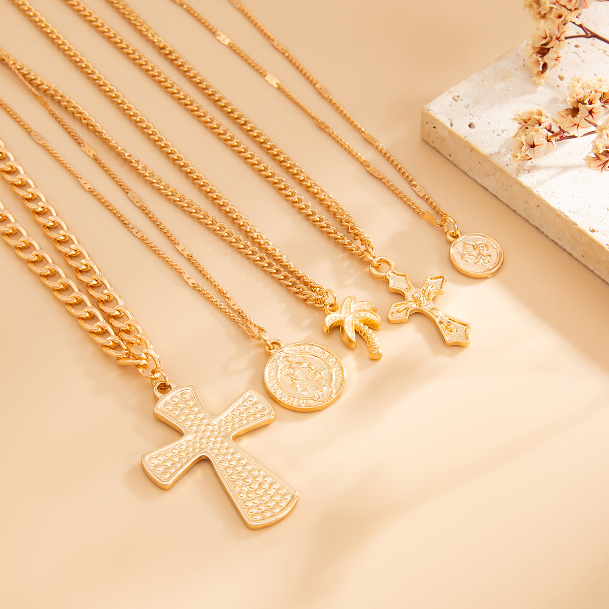 Goldtone Palm Tree and Cross Pendant Necklace Set, gold pendant necklace for women, elegant gift for her, detail close-up