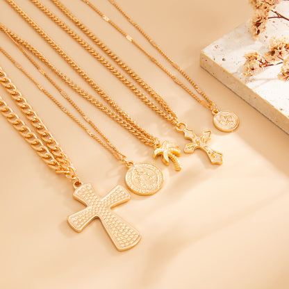 Goldtone Palm Tree and Cross Pendant Necklace Set, gold pendant necklace for women, elegant gift for her, detail close-up