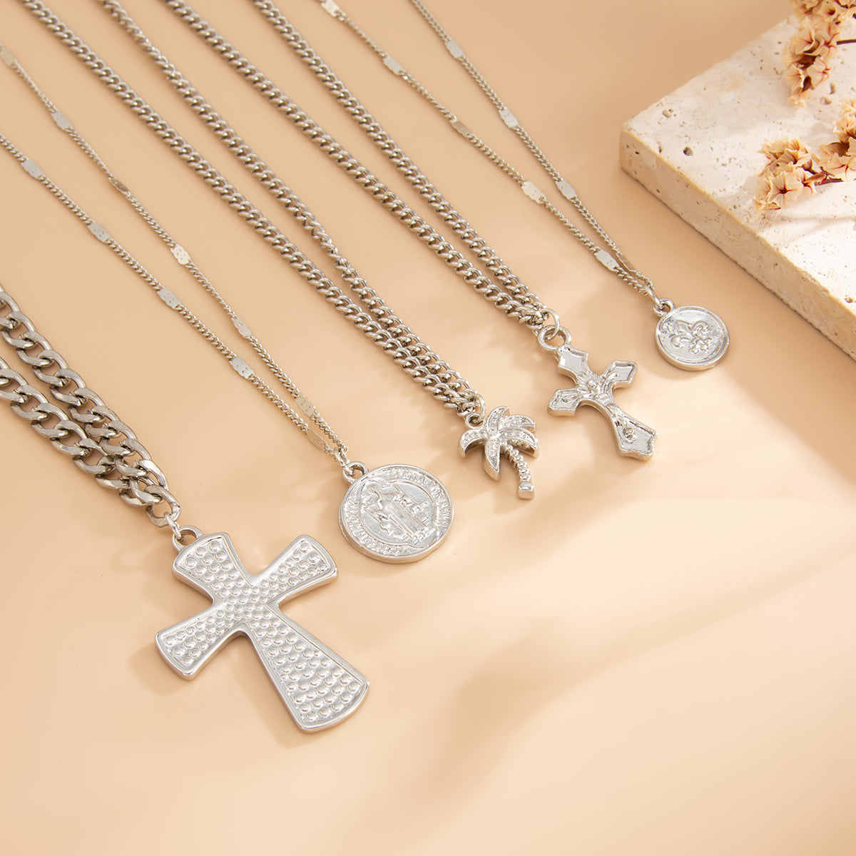 Silvertone Palm Tree and Cross Pendant Necklace Set, silver pendant necklace for women, everyday style, detail close-up