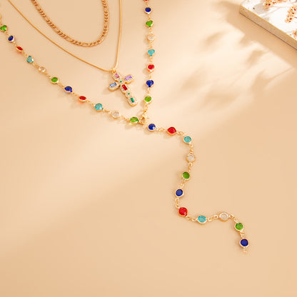 Multi-Colored Crystal and Cubic Zirconia Goldtone Cross Pendant Drop Necklace Set, gold pendant necklace for women, side view
