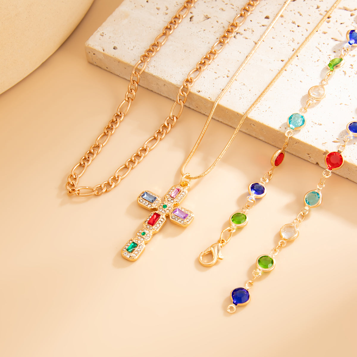 Multi-Colored Crystal and Cubic Zirconia Goldtone Cross Pendant Drop Necklace Set, gold pendant necklace..., detail close-up
